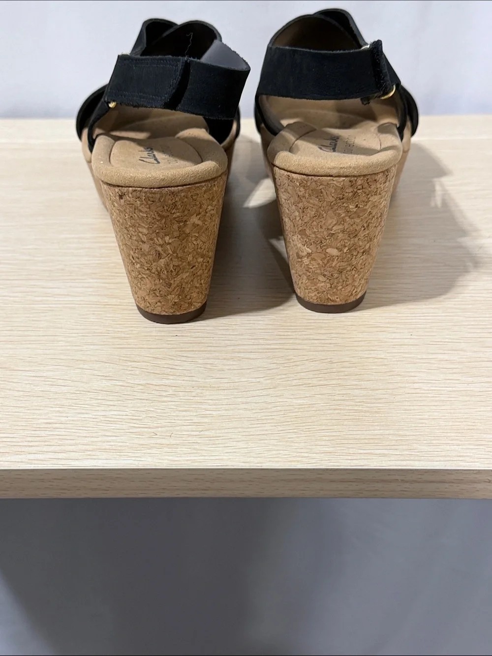 Clarks Black Suede Cross-Strap Wedge Sandals